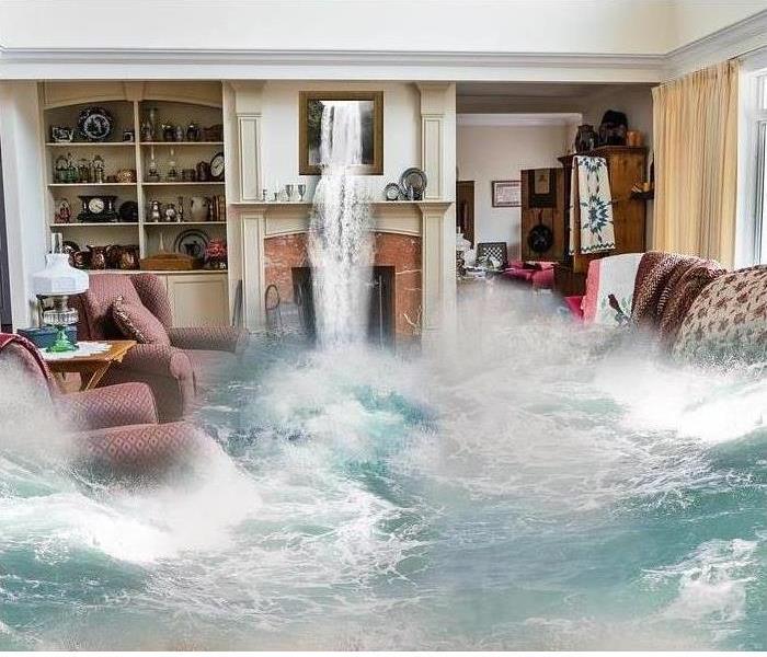 water coming into a living room and flooding it