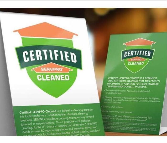 Certified: SERVPRO Cleaned table tents on a white background